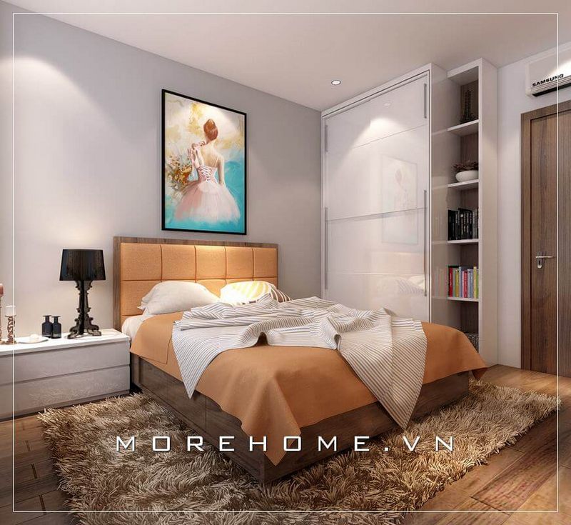Giường ngủ gỗ công nghiệp hiện đại, đầu giường bọc nỉ màu cam ấn tượng tạo điểm nhấn hoàn hảo cho cả căn phòng